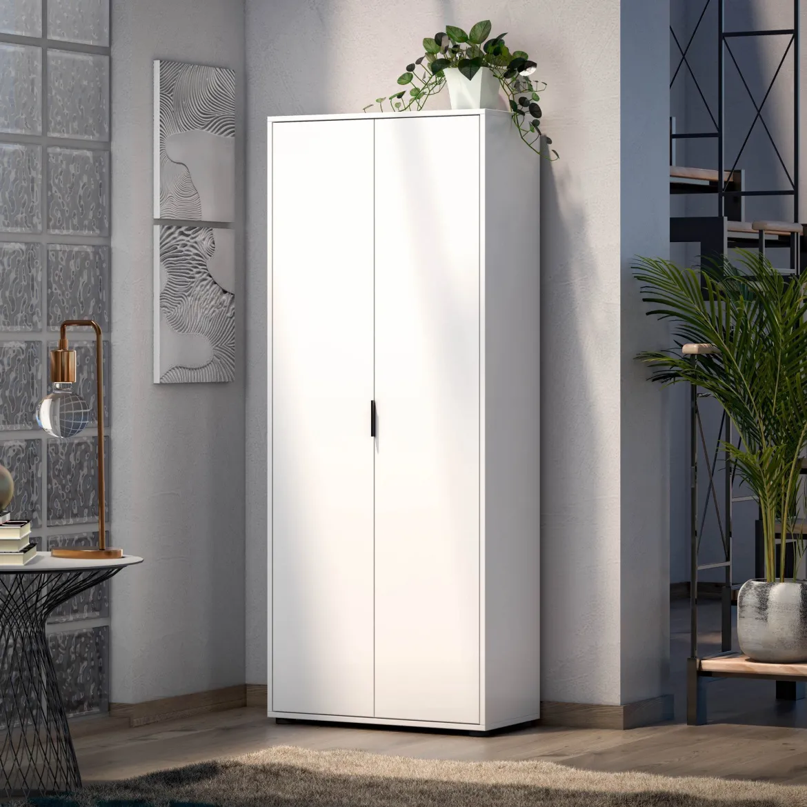 Armadio Multiuso 2 Ante Bianco Lucido Cassetti 6 Ripiani 72.5x180h cm, 2 Ante - Angitola