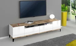 Base TV bianco lucido e acero 200x40x49h cm 2 ante - Febe