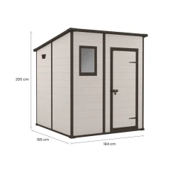 Casetta da Giardino Beige Nero Resistente Agli Agenti Atmosferici Presenza Finestre 185x152x226h cm, Tetto a due Falde - Sheboygan