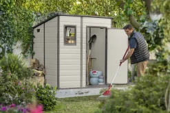 Casetta da Giardino Beige Nero Resistente Agli Agenti Atmosferici Presenza Finestre 185x152x226h cm, Tetto a due Falde - Sheboygan