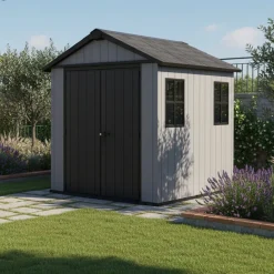 Casetta da Giardino Grigio Nero Lucchettabile, Finitura in Resina Presenza Finestre 230x350x246h cm, Tetto a due Falde - Rockport