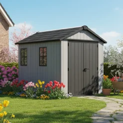 Casetta da Giardino Grigio Nero Lucchettabile, Finitura in Resina Presenza Finestre 230x350x246h cm, Tetto a due Falde - Rockport
