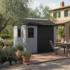 Casetta da Giardino Grigio Nero Lucchettabile, Finitura in Resina Presenza Finestre 230x350x246h cm, Tetto a due Falde - Rockport