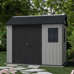 Casetta da Giardino Grigio Nero Lucchettabile, Finitura in Resina Presenza Finestre 230x350x246h cm, Tetto a due Falde - Rockport