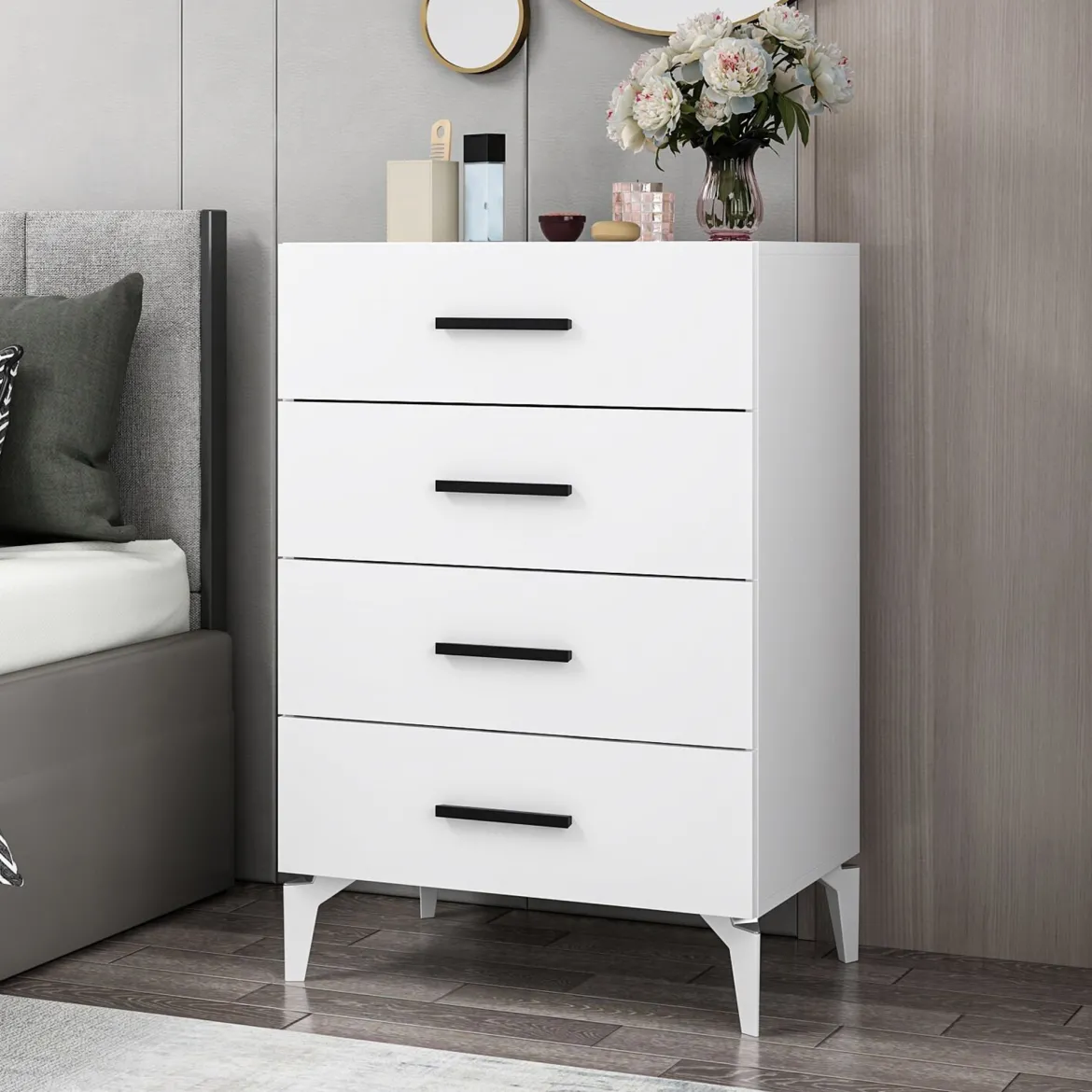 Cassettiera Bianco 4 Cassetti Apertura Scorrevole 72x47x106h cm, Chiusura Scorrevole - Lornar