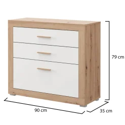 Cassettiera Bianco Marrone Rovere 3 Cassetti con Piedini 90x35x79h cm, Apertura Scorrevole - Hampi