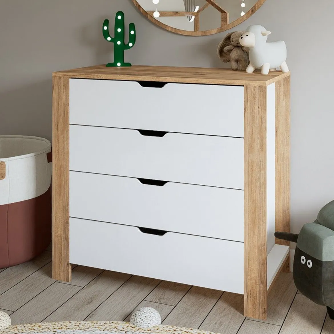 Cassettiera Marrone Rovere Bianco 4 Cassetti Apertura Scorrevole 90x42x85h cm, Chiusura Scorrevole - Pastena