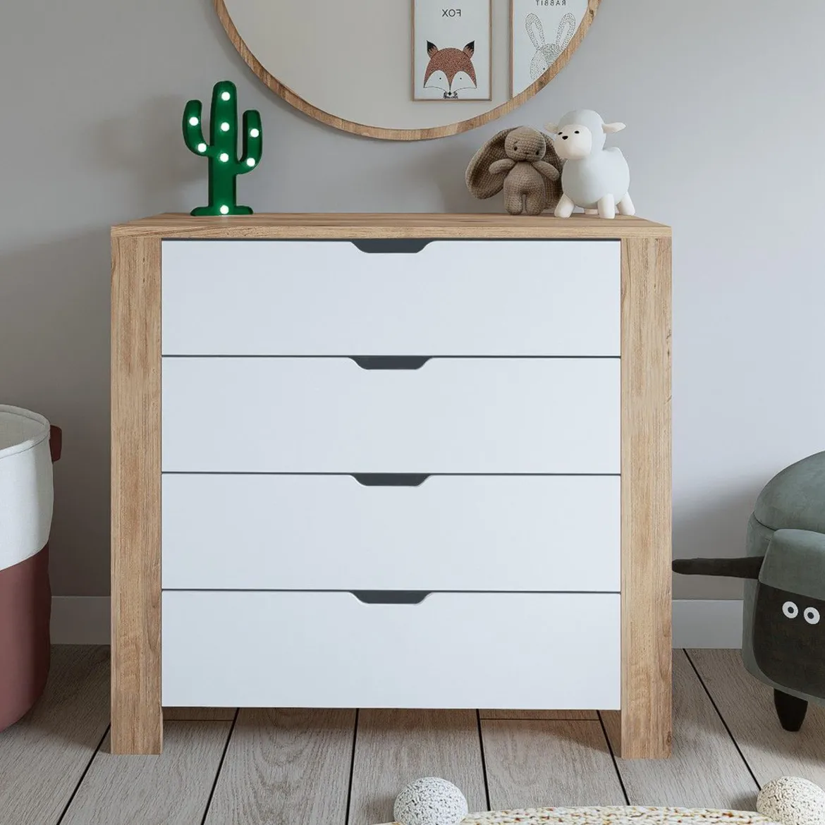 Cassettiera Marrone Rovere Bianco 4 Cassetti Apertura Scorrevole 90x42x85h cm, Chiusura Scorrevole - Pastena