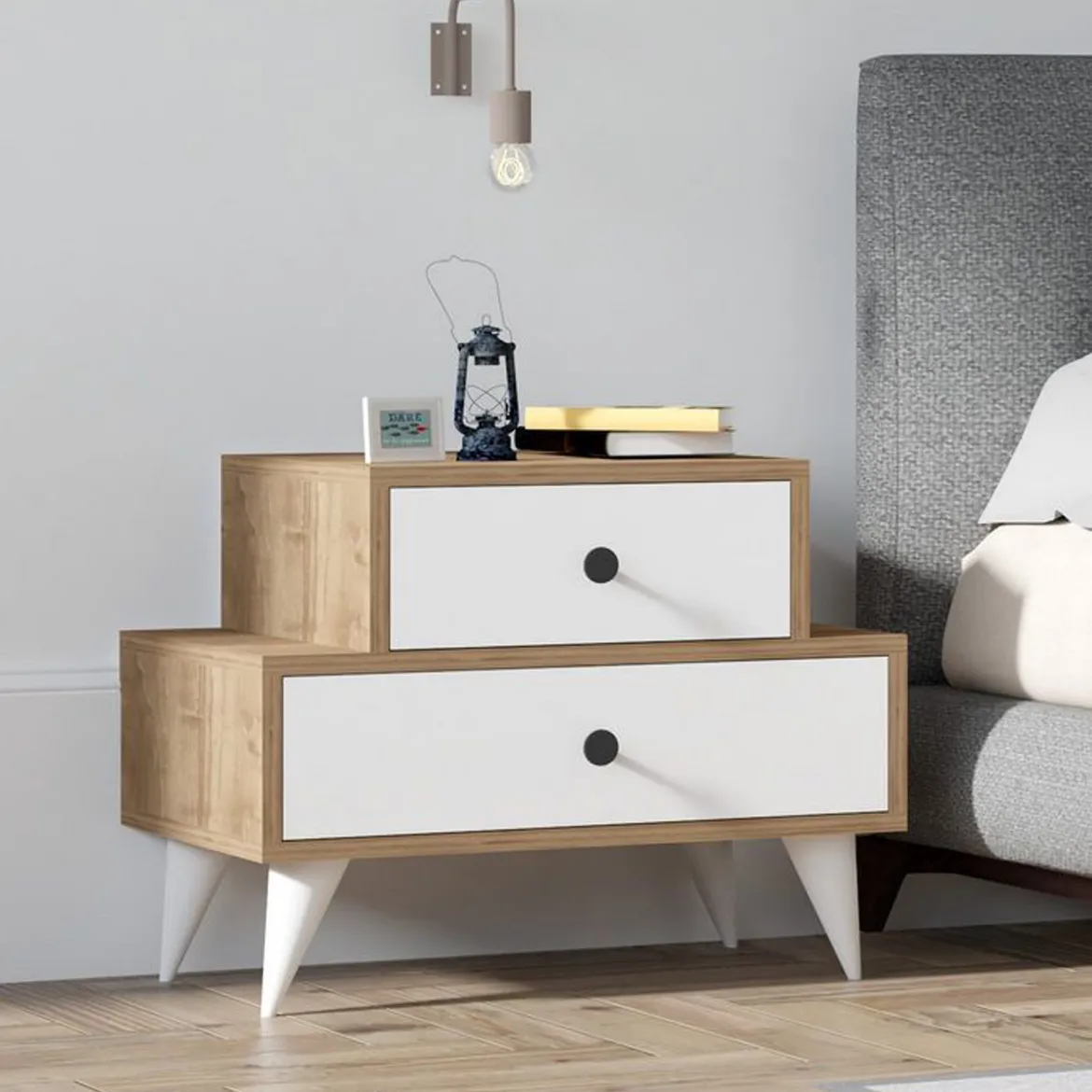 Comodino Marrone Noce Bianco 2 Cassetti Apertura Scorrevole 63x44x50h cm, Chiusura Scorrevole - Segni