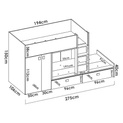 Composizione camera da letto Acerola, 275x108h150 cm, Bianco e Rovere