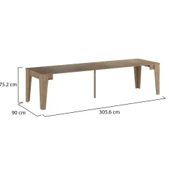 Consolle Allungabile Marrone Rovere Nodi Allungabile 12 Posti 305.6x90x75.2h cm, Meccanismo Estensione Allunghe Centrali - Gizio