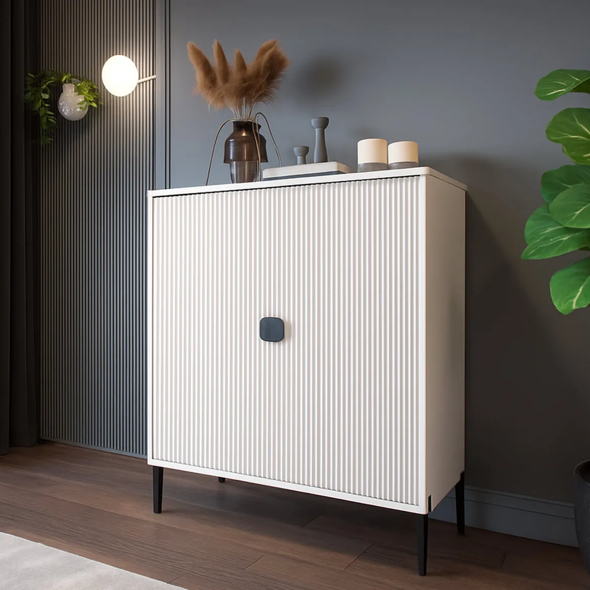 Credenza Beige Nero Cassetti 4 Ripiani 104x40x129h cm, Apertura Battente - Wallis