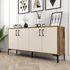 Credenza Bianco Crema Marrone Noce 2 Ripiani 4 Ante 160x35x78h cm, 6 Vani - Thuile