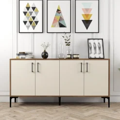 Credenza Bianco Crema Marrone Noce 2 Ripiani 4 Ante 160x35x78h cm, 6 Vani - Thuile