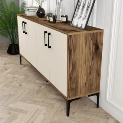 Credenza Bianco Crema Marrone Noce 2 Ripiani 4 Ante 160x35x78h cm, 6 Vani - Thuile