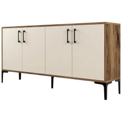 Credenza Bianco Crema Marrone Noce 2 Ripiani 4 Ante 160x35x78h cm, 6 Vani - Thuile