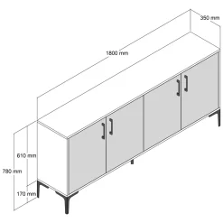 Credenza Bianco Crema Marrone Noce 2 Ripiani 4 Ante 180x35x81h cm, 4 Vani - Niscemi