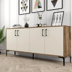 Credenza Bianco Crema Marrone Noce 2 Ripiani 4 Ante 180x35x81h cm, 4 Vani - Niscemi