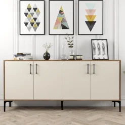 Credenza Bianco Crema Marrone Noce 2 Ripiani 4 Ante 180x35x81h cm, 4 Vani - Niscemi