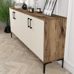 Credenza Bianco Crema Marrone Noce 2 Ripiani 4 Ante 180x35x81h cm, 4 Vani - Niscemi