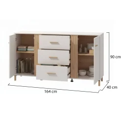 Credenza Bianco Crema Marrone Rovere 2 Ripiani 3 Cassetti 163.5x40x90h cm, 2 Ante - Frisanco