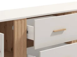Credenza Bianco Crema Marrone Rovere 2 Ripiani 3 Cassetti 163.5x40x90h cm, 2 Ante - Frisanco