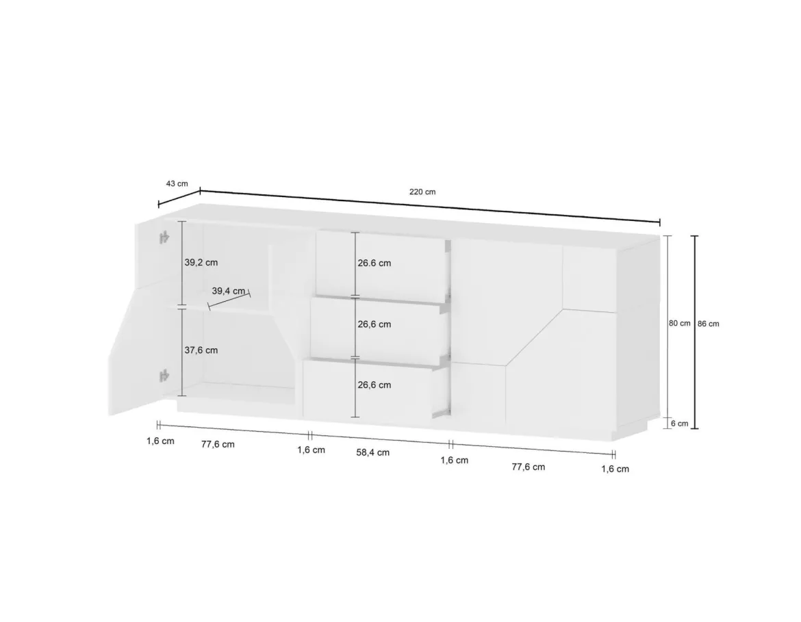 Credenza bianco lucida e acero 220x43x86h cm 4 ante e 3 cassetti - Almira