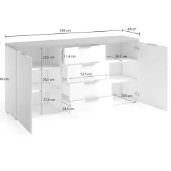 Credenza bianco lucida e rovere 203x40x92h cm 4 ante - Arcanda