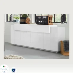 Credenza bianco lucida 220x45x86h cm 5 ante e 2 cassetti - Akirum