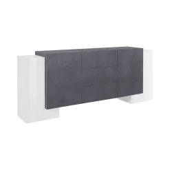 Credenza Bianco Lucido Grigio Cemento 2 Ripiani 4 Vani 160x42x85.8h cm, 3 Ante - Introbio