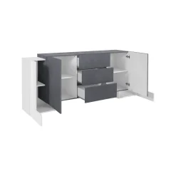 Credenza Bianco Lucido Grigio Cemento 2 Ripiani 4 Vani 160x42x85.8h cm, 3 Ante - Introbio