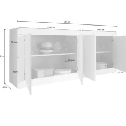Credenza Bianco Lucido Grigio Cemento 2 Ripiani 4 Vani 207x43x86h cm, 4 Ante - Poli