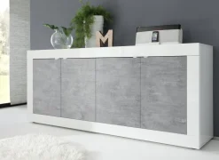 Credenza Bianco Lucido Grigio Cemento 2 Ripiani 4 Vani 207x43x86h cm, 4 Ante - Poli