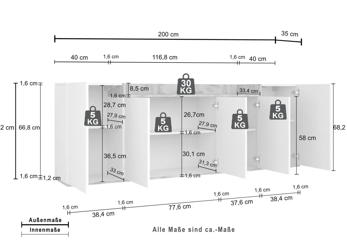 Credenza Bianco Lucido Marrone Rovere 7 Ripiani Apertura Battente 200x35x70h cm, 5 Ante Made in Italy - Cordele
