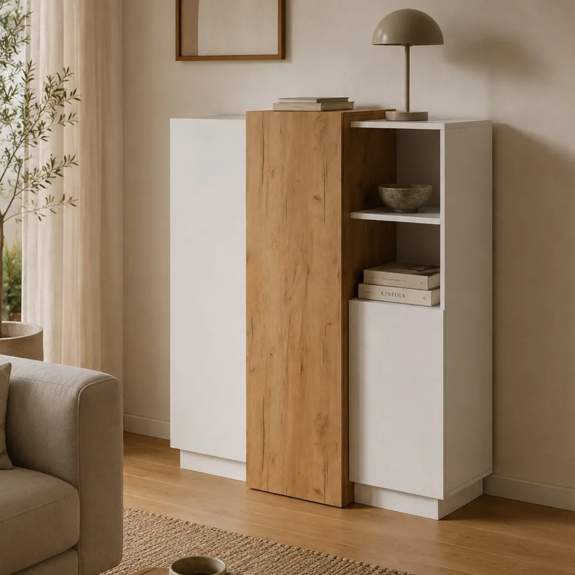 Credenza Bianco Marrone Rovere Nodi 8 Ripiani Apertura Battente 100x45x134h cm, 3 Ante - Gasima