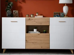 Credenza Bianco Marrone Rovere Nodi un Cassetto 5 Ripiani 106x35x101h cm, Apertura Battente, Scorrevole - Banos