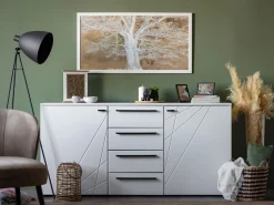 Credenza Bianco Nero 2 Ripiani un Cassetto 116x35x78h cm, 3 Ante - Djanet