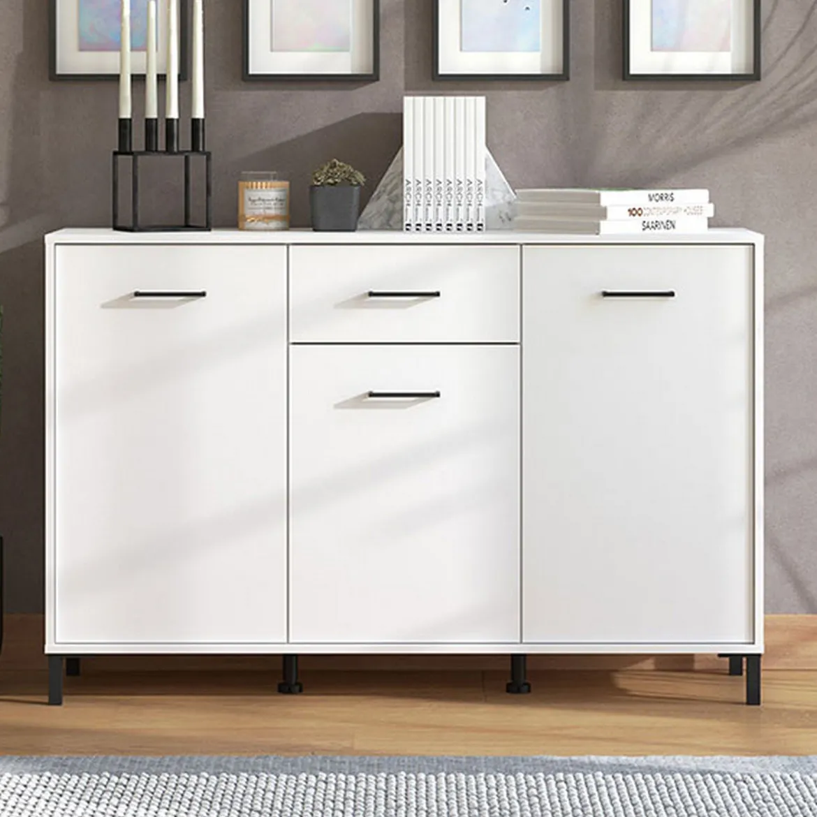 Credenza Bianco Nero 3 Ripiani un Cassetto 138x40x90h cm, 3 Ante - Laerru
