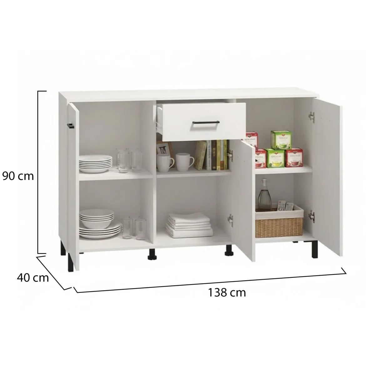 Credenza Bianco Nero 3 Ripiani un Cassetto 138x40x90h cm, 3 Ante - Laerru