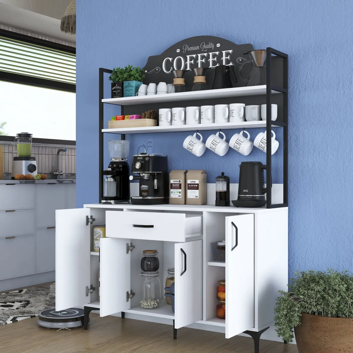 Credenza Bianco Nero 5 Ripiani 3 Cassetti 90x40x199h cm, 2 Ante - Solofra