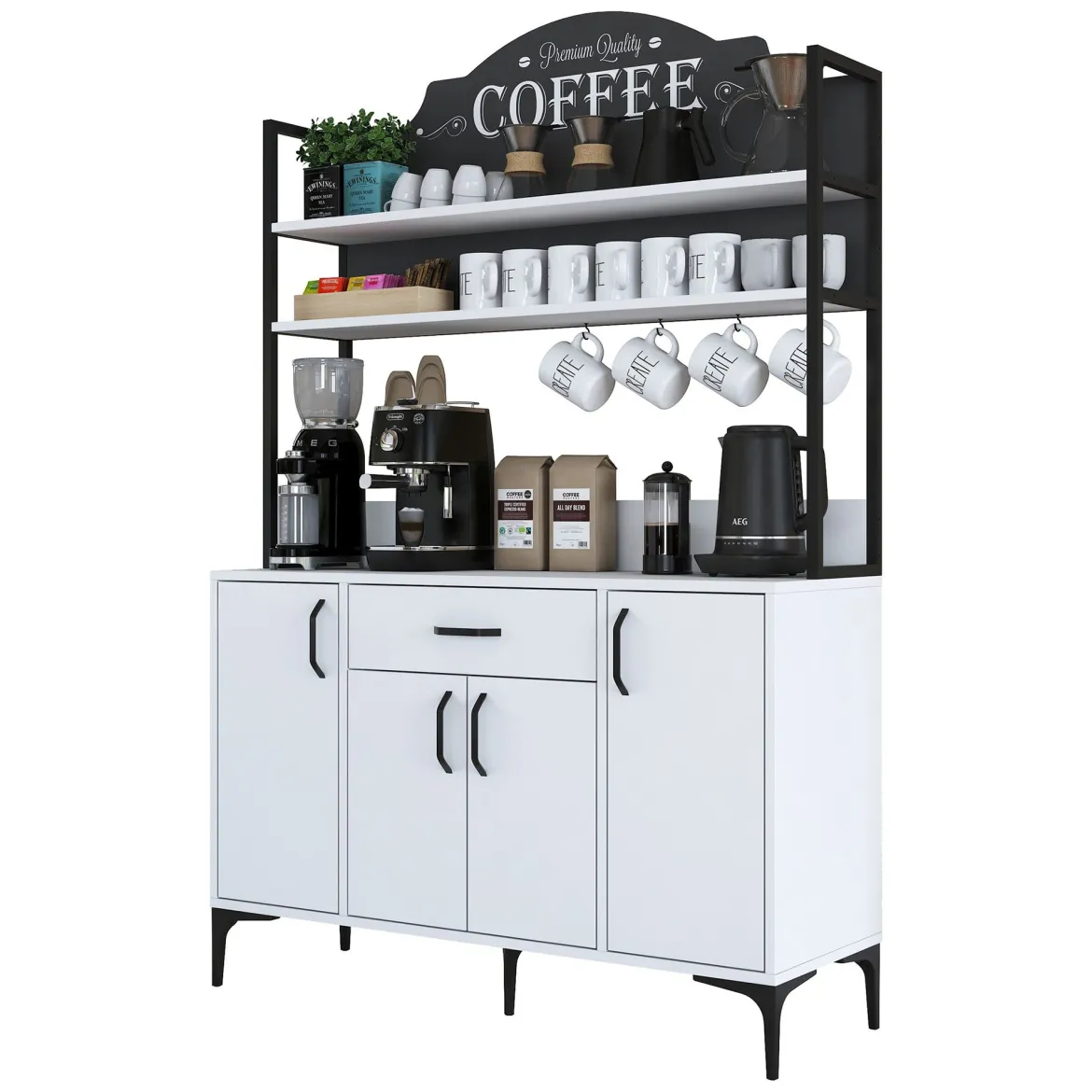 Credenza Bianco Nero 5 Ripiani 3 Cassetti 90x40x199h cm, 2 Ante - Solofra