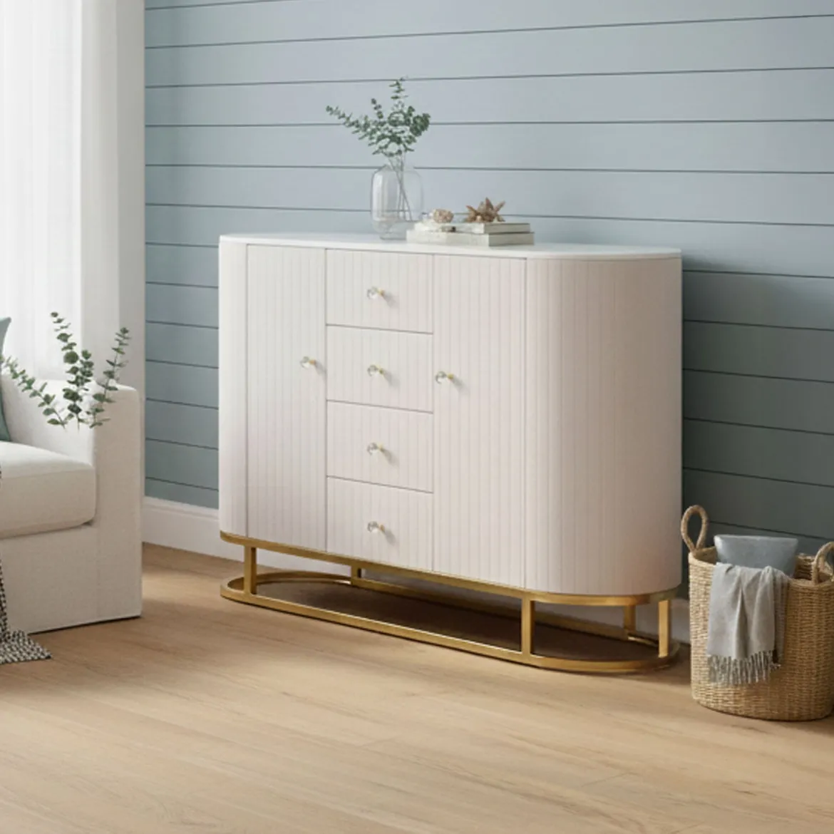 Credenza crema e bianca 120x40x85h cm 2 ante e 4 cassetti - Lodovico