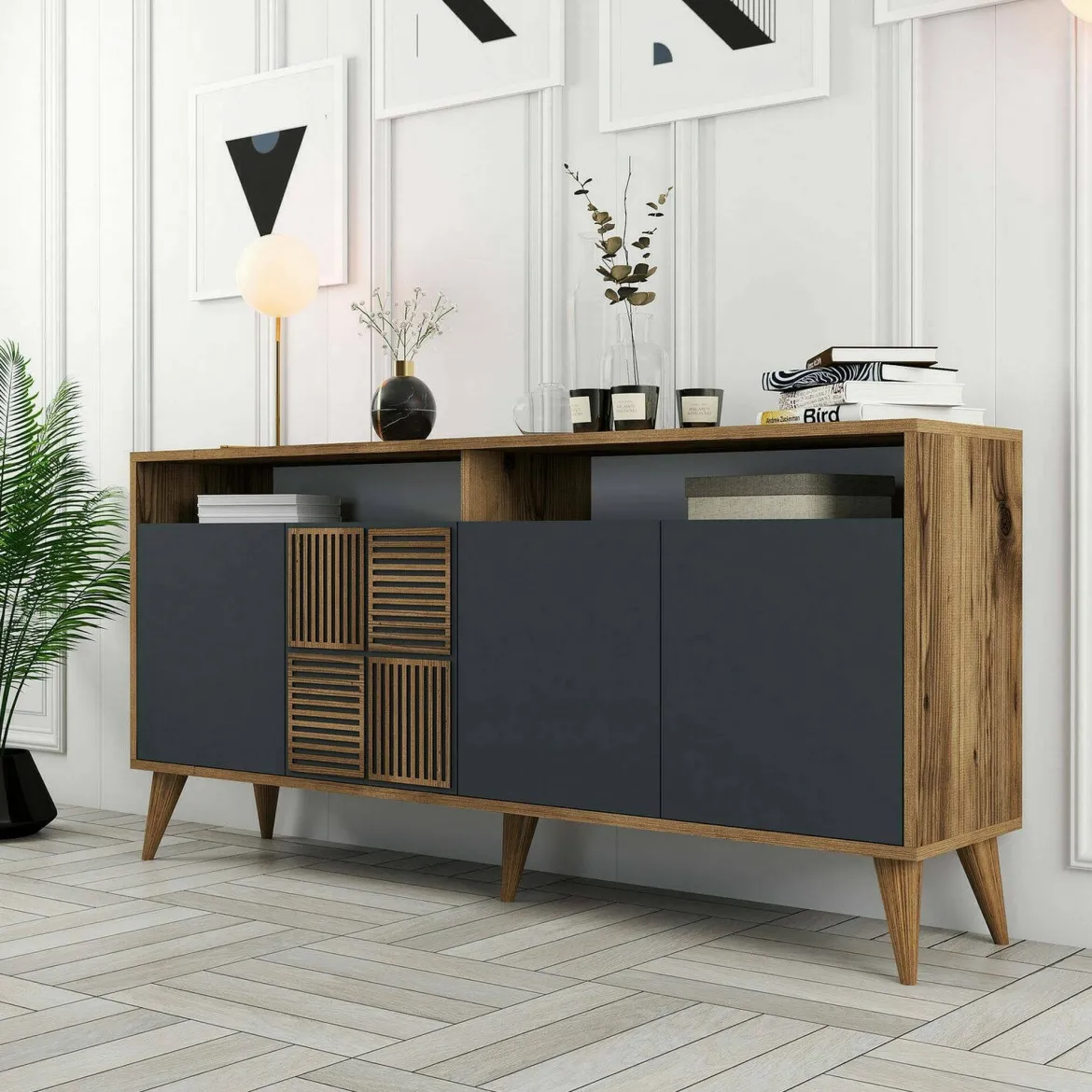 Credenza legno e antracite 160x35x78h cm 4 ante - Garigliano