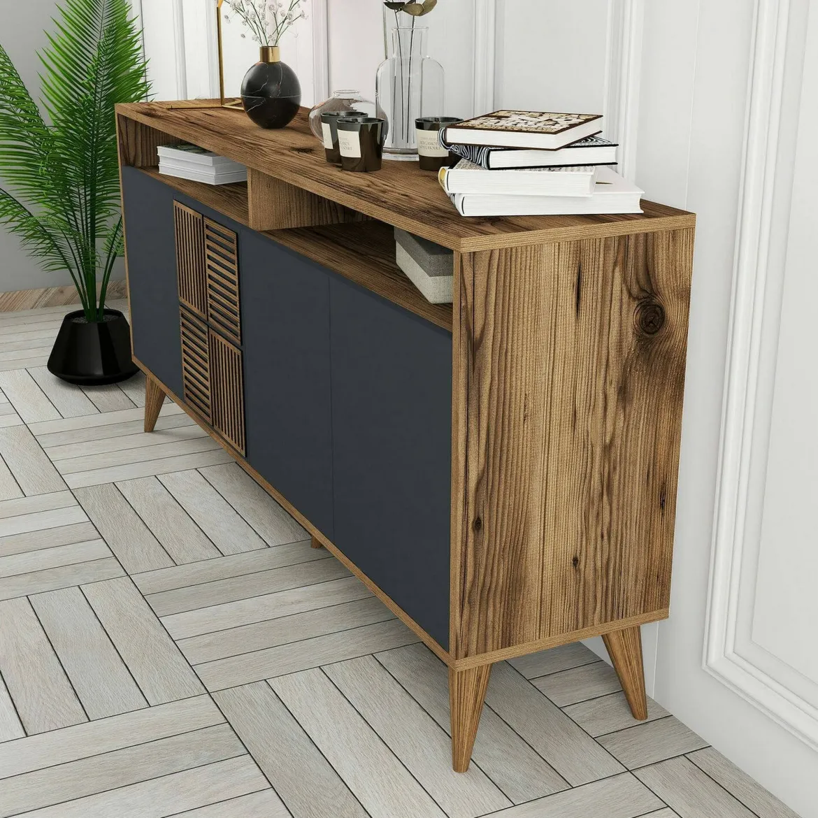 Credenza legno e antracite 160x35x78h cm 4 ante - Garigliano