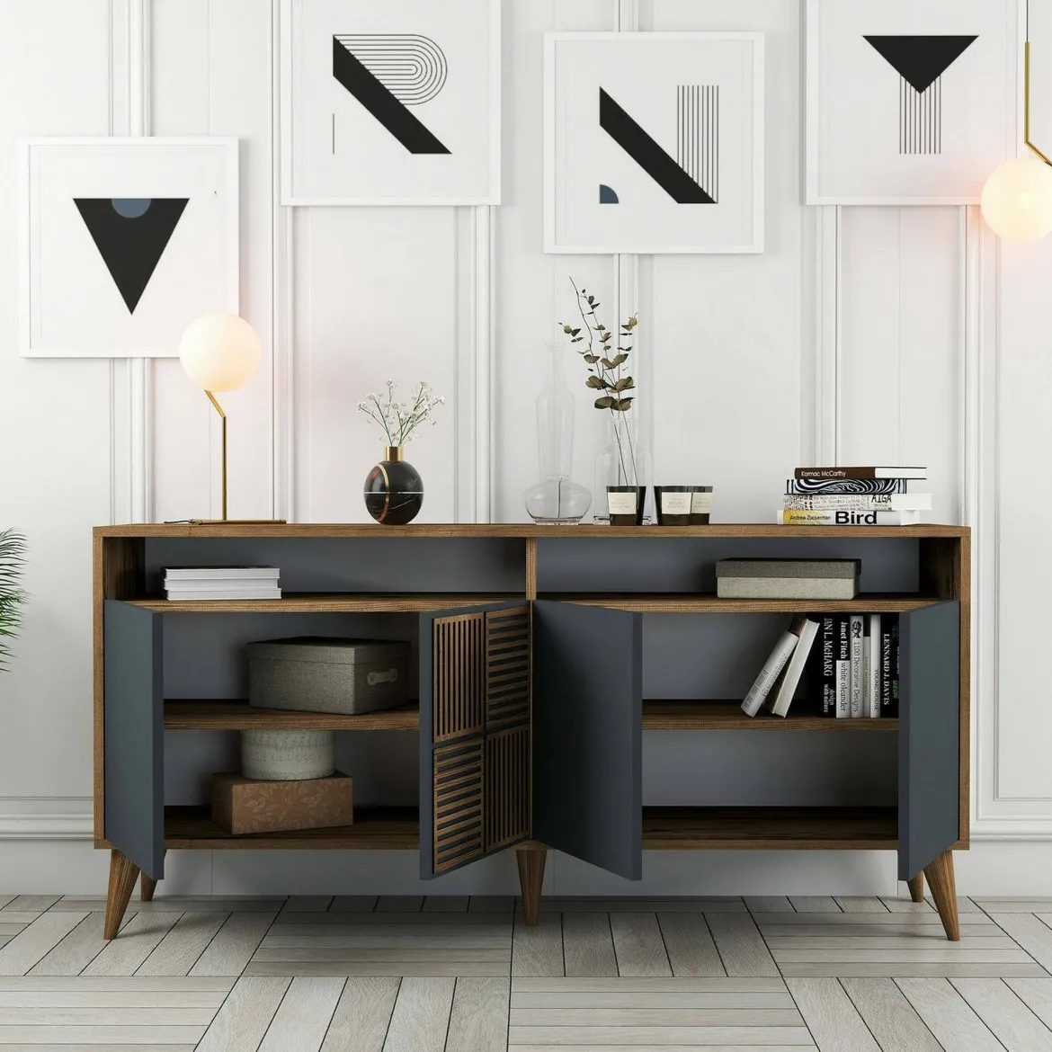 Credenza legno e antracite 160x35x78h cm 4 ante - Garigliano