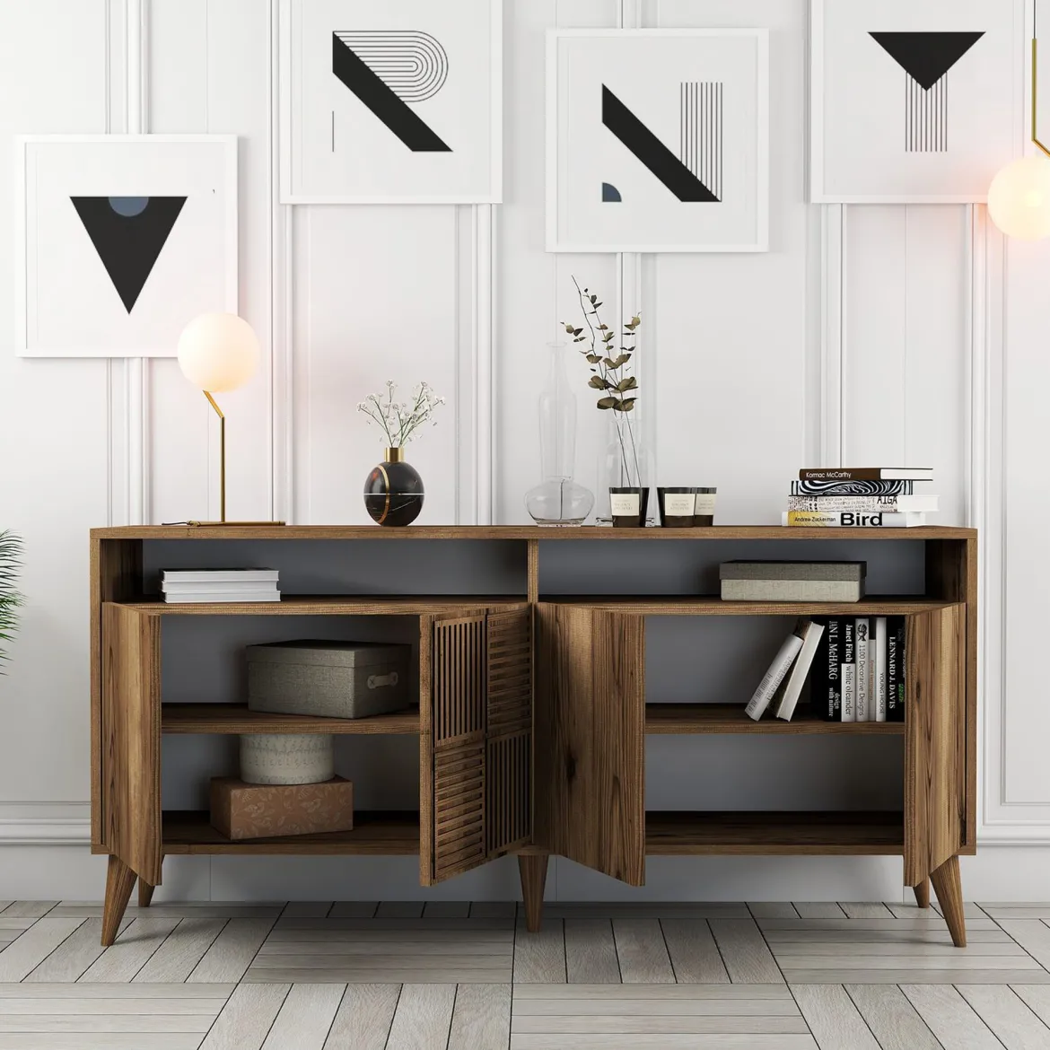 Credenza Marrone Noce 2 Ripiani 4 Ante 180x35x78h cm, 4 Vani - Pollein