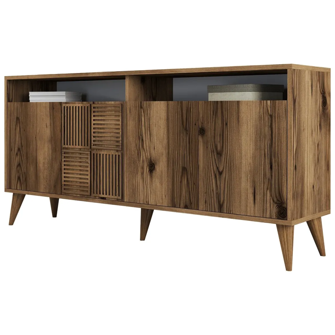 Credenza Marrone Noce 2 Ripiani 4 Ante 180x35x78h cm, 4 Vani - Pollein