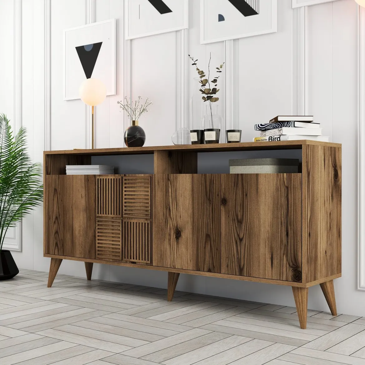 Credenza Marrone Noce 2 Ripiani 4 Ante 180x35x78h cm, 4 Vani - Pollein