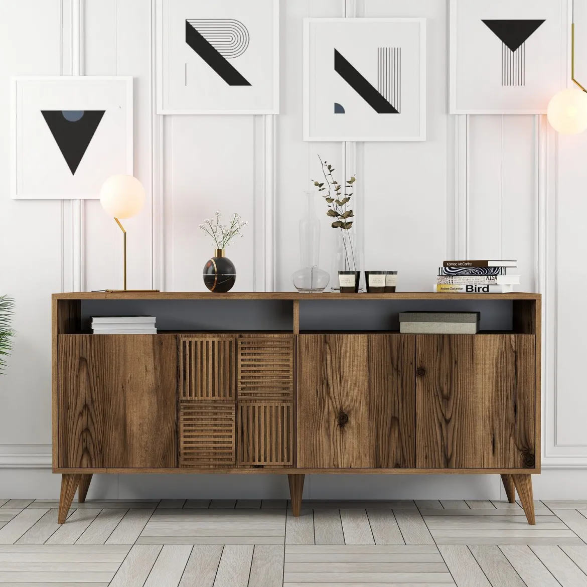 Credenza Marrone Noce 2 Ripiani 4 Ante 180x35x78h cm, 4 Vani - Pollein