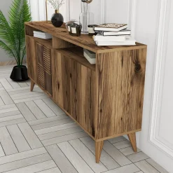 Credenza Marrone Noce 2 Ripiani 4 Ante 180x35x78h cm, 4 Vani - Pollein